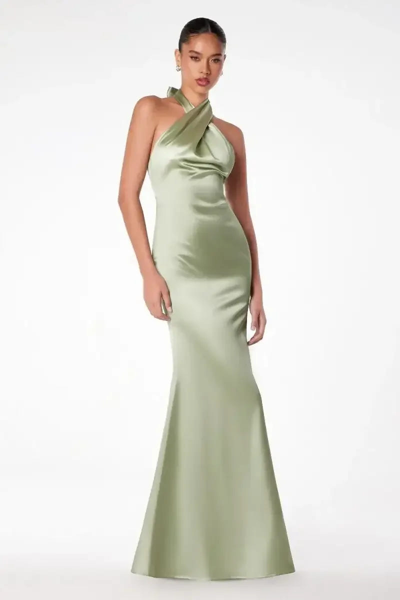 Piper Maxi Dress - Fitted Satin Halter Dress