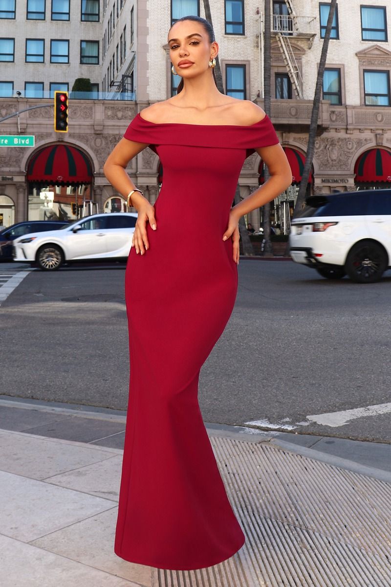 off the shoulder tight maxi dress off the shoulder maxi dress red Corset Off-Shoulder Formal Evening Gown with Front Slit