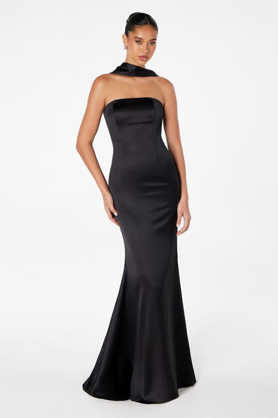 Brynn Maxi Dress - Strapless Fitted Satin Dress With Scarf