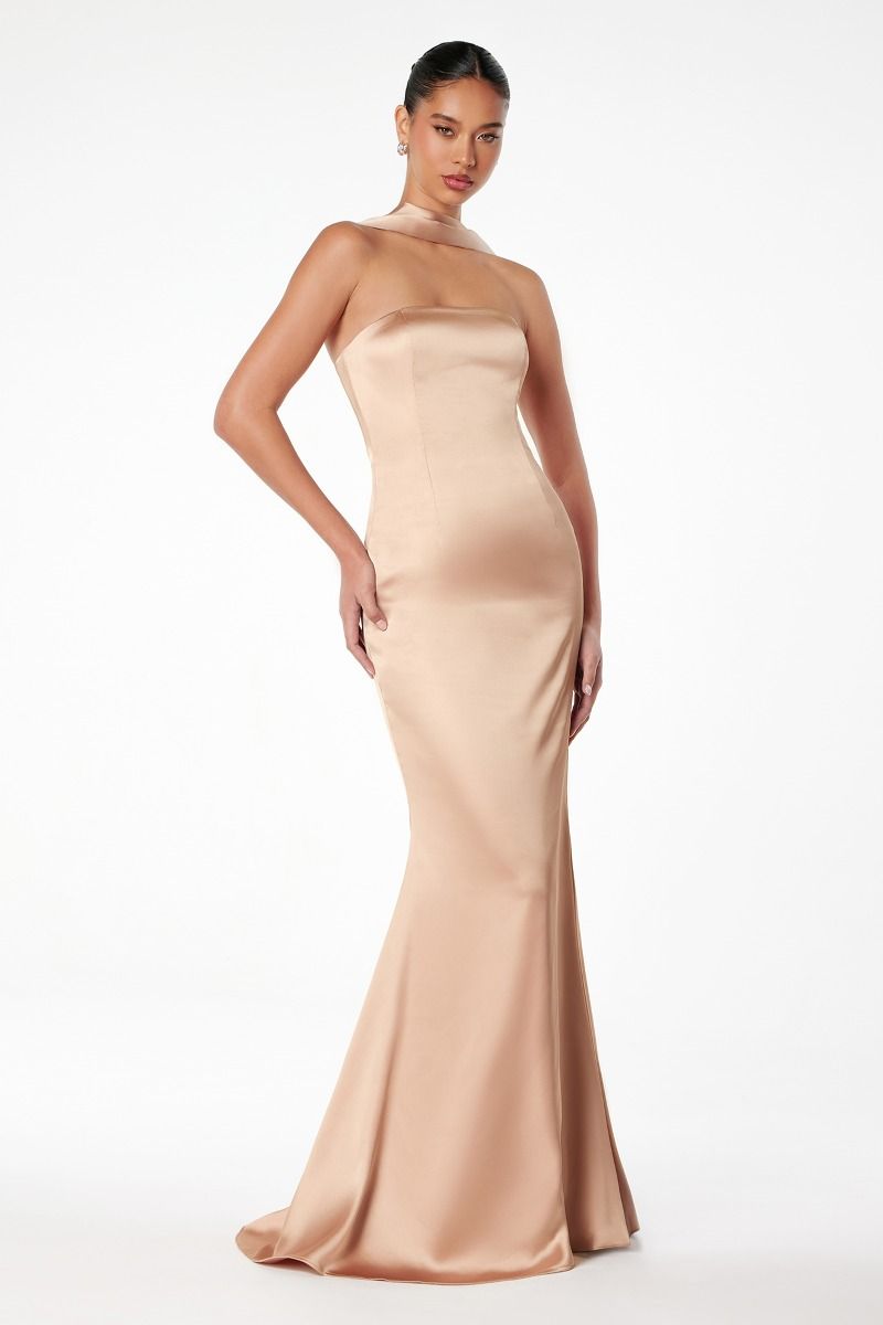 Lady Black Tie - Brynn Maxi Dress - Strapless Fitted Satin Dress With Scarf - Size Medium Lady Black Tie - Brynn Maxi Dress - Strapless Fitted Satin Dress With Scarf - Size Medium