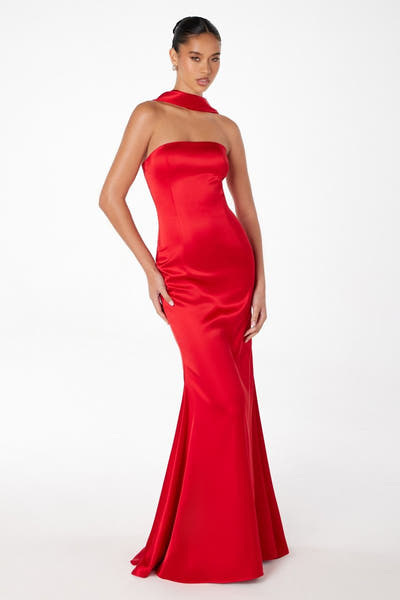 Brynn Maxi Dress - Strapless Fitted Satin Dress With Scarf