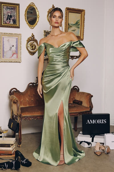HARPER SATIN GOWN - OFF THE SHOULDER PLEATED DRESS