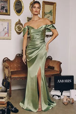 HARPER SATIN GOWN - OFF THE SHOULDER PLEATED DRESS