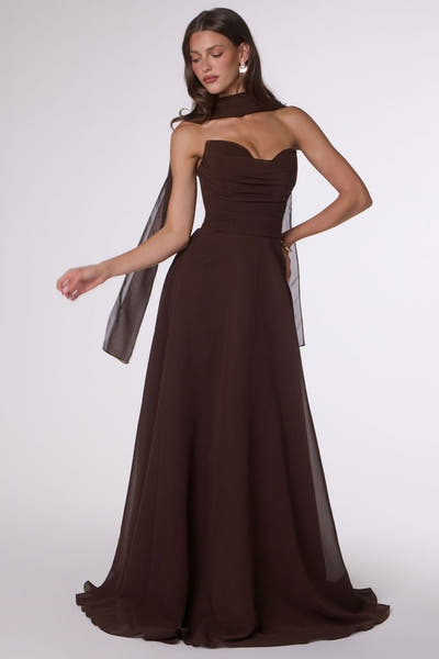 Ella Gown - A-line Strapless Chiffon Dress With Scarf