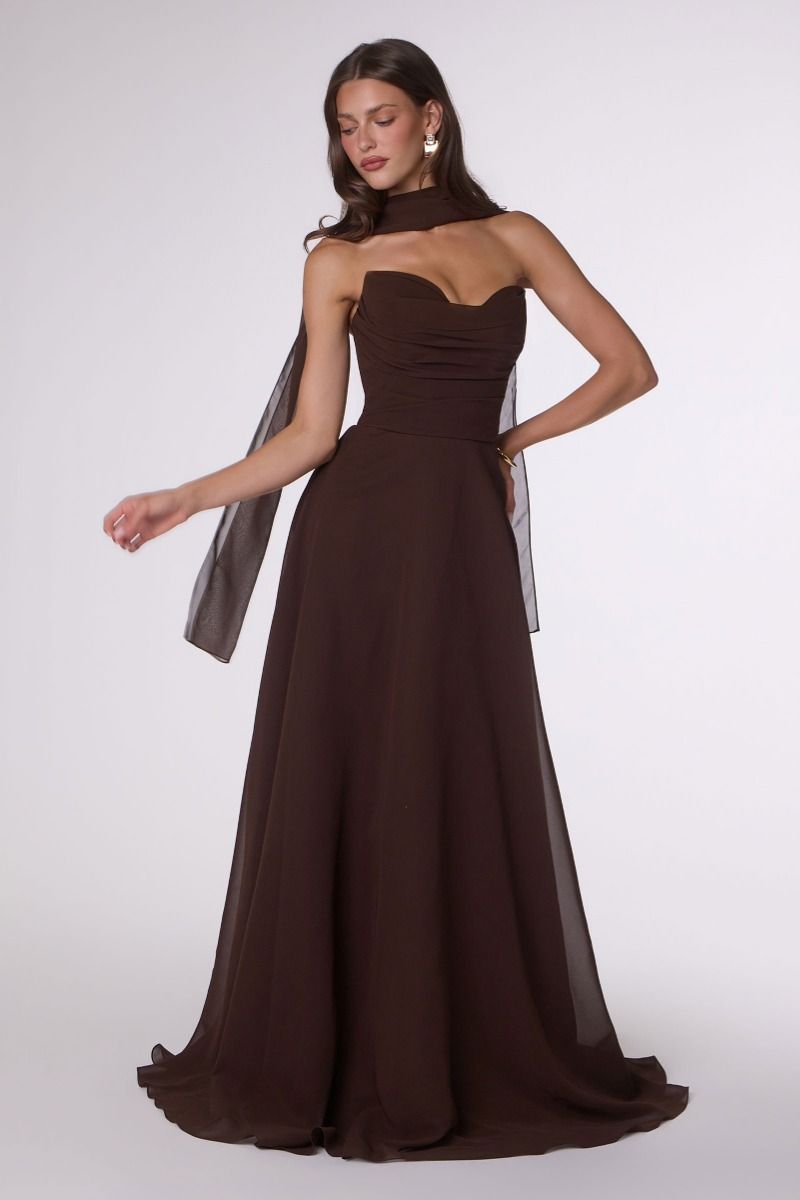a line strapless dress Lady Black Tie - Ella Gown - A-line Strapless Chiffon Dress With Scarf