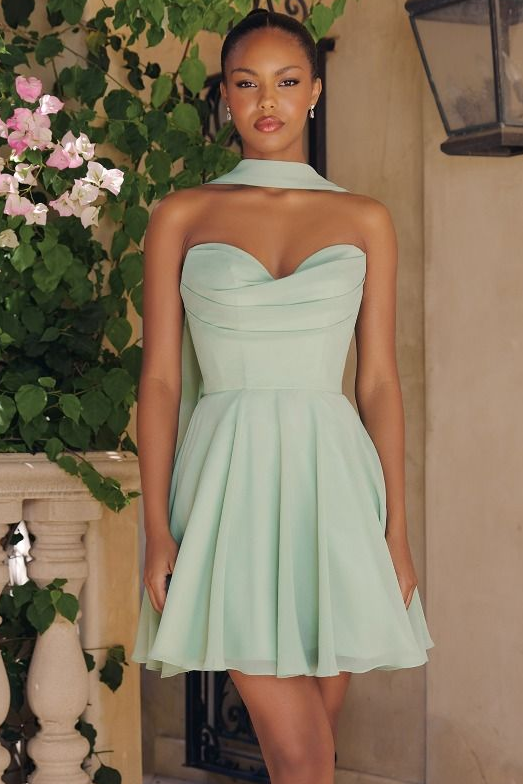 Ella Mini Dress - A-line Strapless Chiffon Cocktail Dress With Scarf