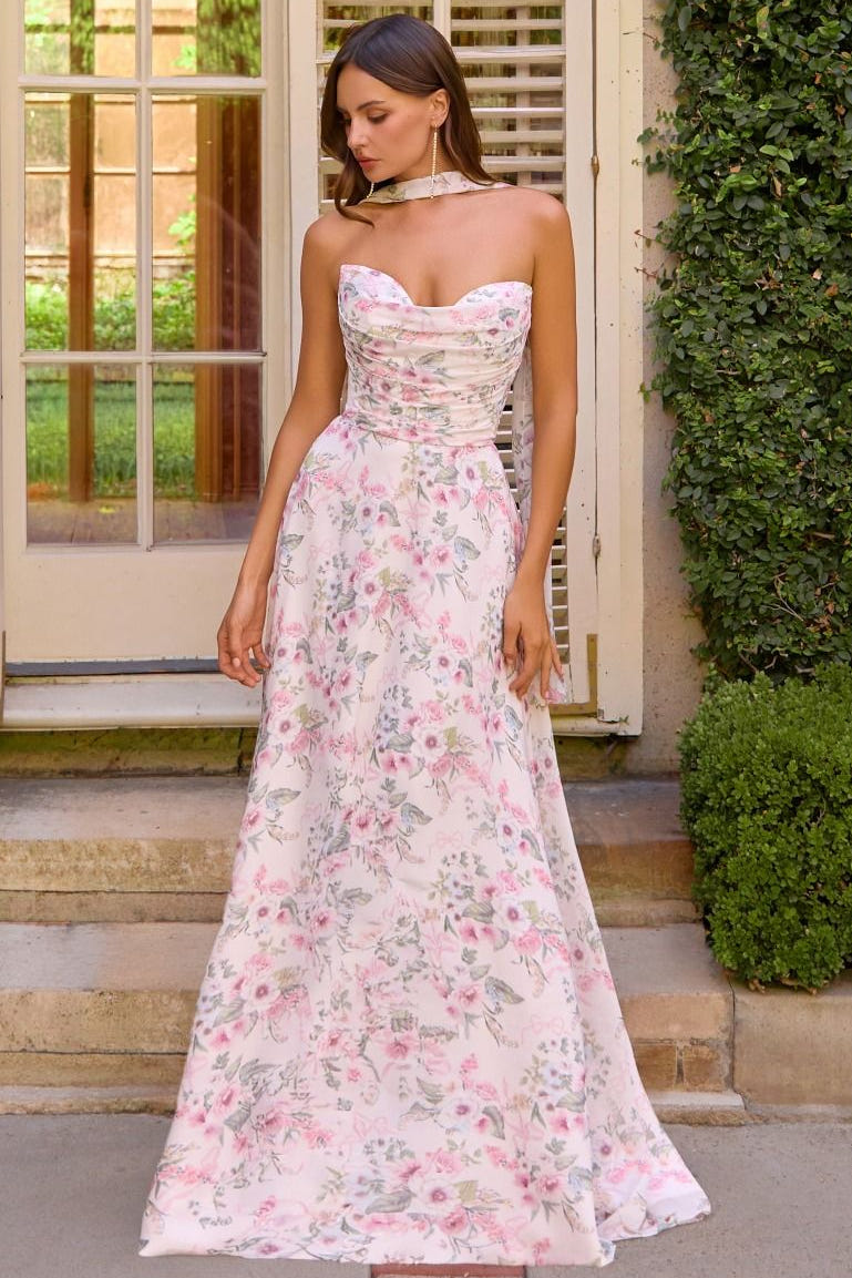 PINK FLORAL MEADOWS GOWN - STRAPLESS A-LINE CHIFFON GOWN WITH SCARF