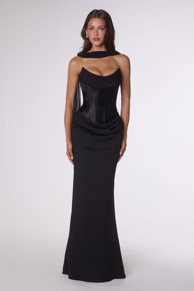 Camdyn Gown - Satin & Crepe Corset Dress With Scarf