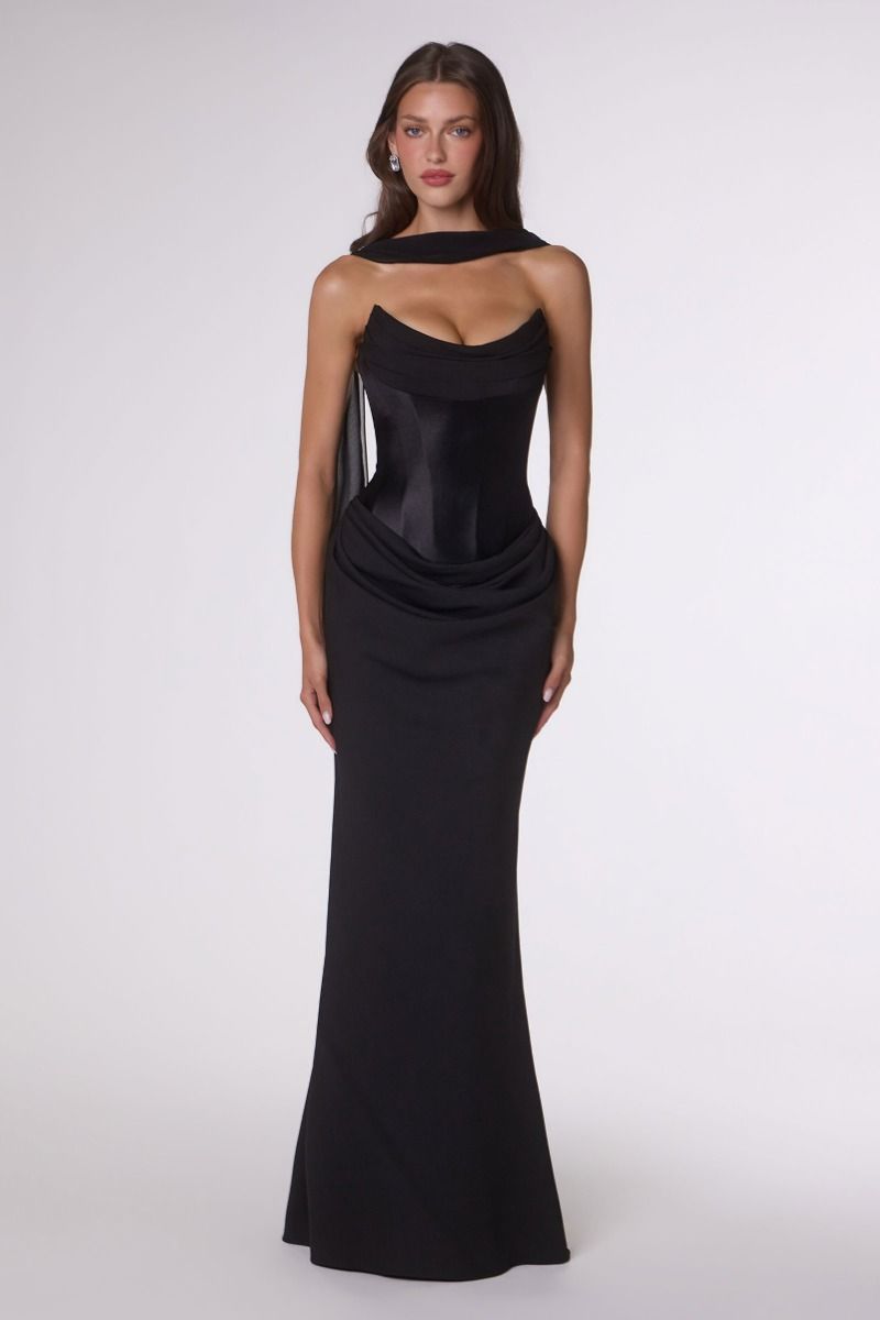 Camdyn Gown - Satin & Crepe Corset Dress With Scarf