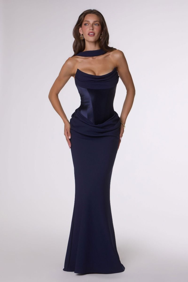 Camdyn Gown - Satin & Crepe Corset Dress With Scarf | Lady Black Tie