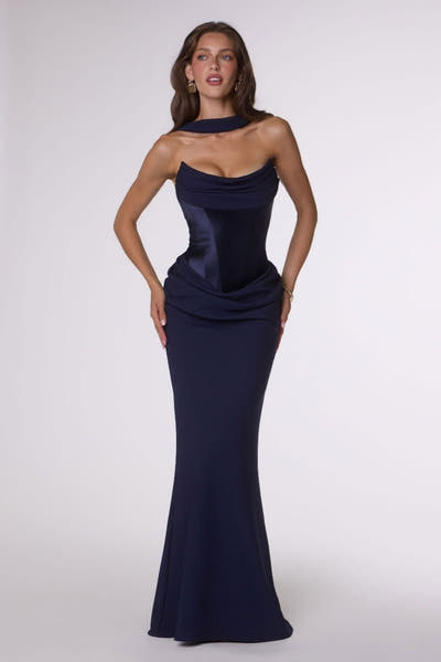 Camdyn Gown - Satin & Crepe Corset Dress With Scarf