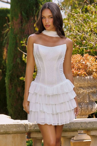 Janet Mini Dress - Ruffle & Lace Cocktail Dress With Scarf