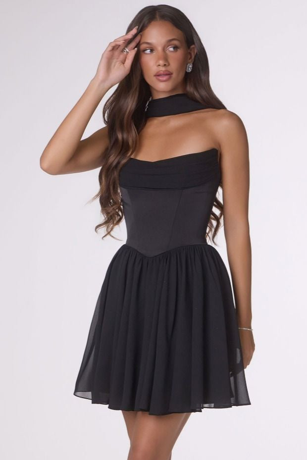 black scarf mini dress Women's Black Woven Scarf Detail Bandeau Shift Dress
