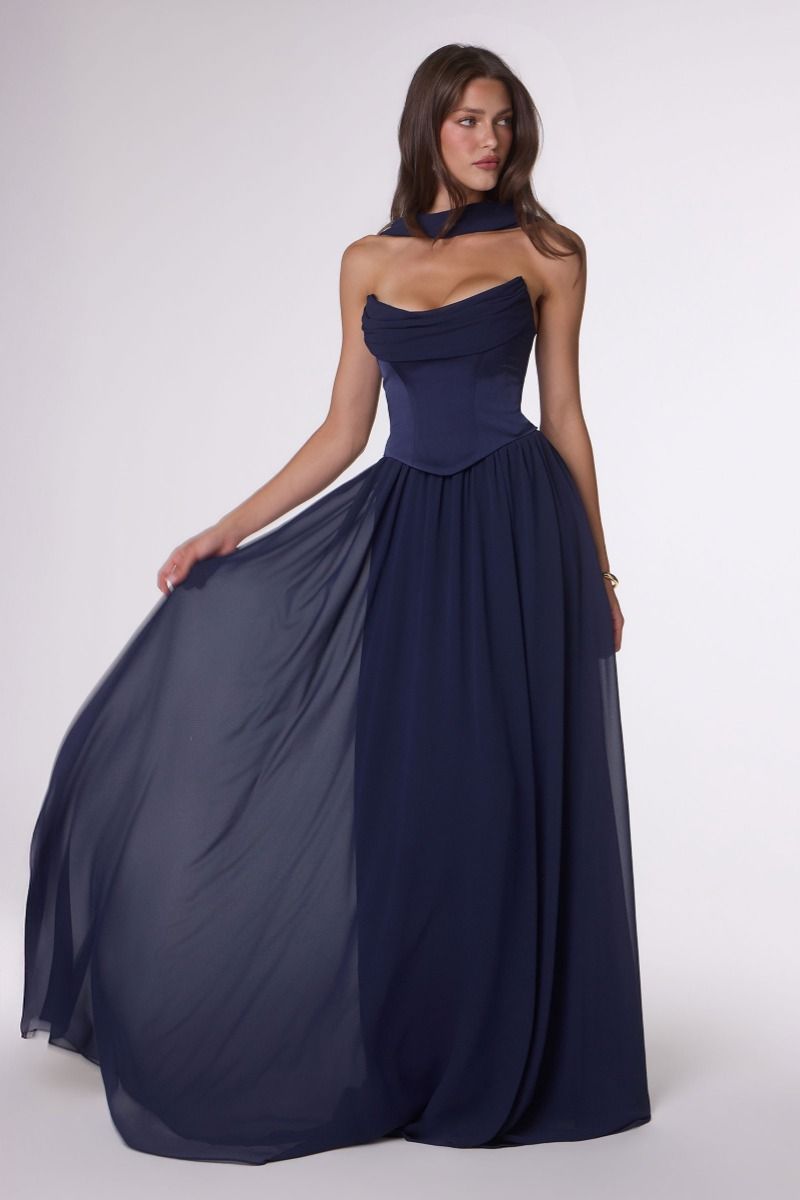 Lady Black Tie - Reese Gown - Satin & Chiffon Dress With Scarf