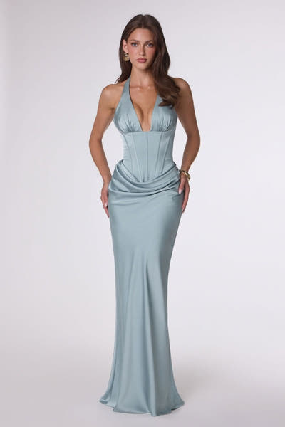 Corinne Gown - Plunging Halter Satin Dress