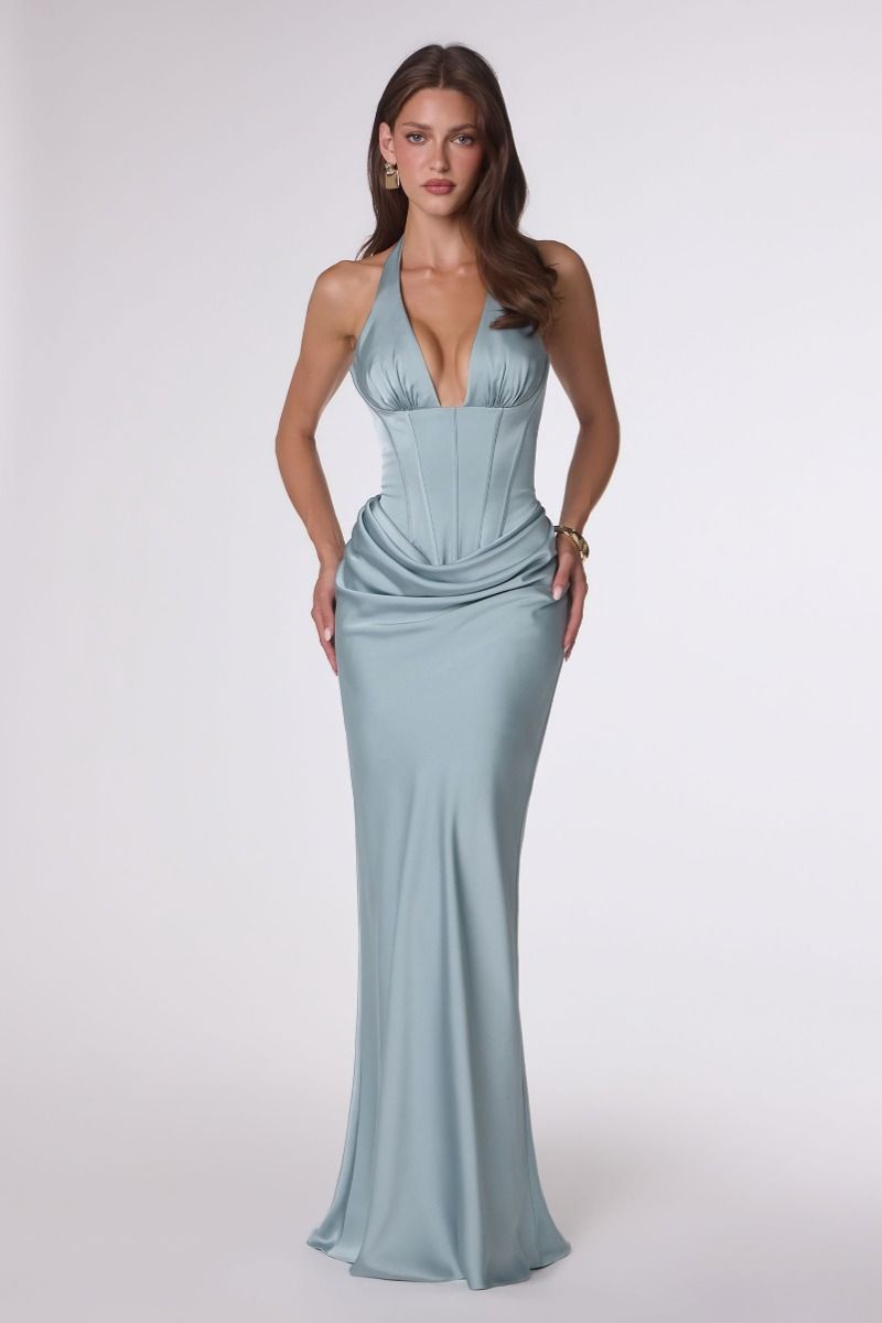 Corinne Gown - Plunging Halter Satin Dress