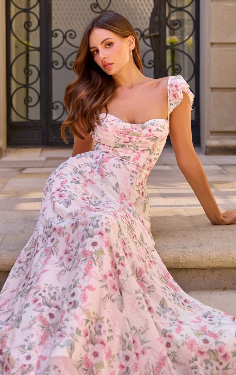 Pink Floral Primrose Gown - Chiffon A-Line Dress