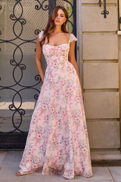 Pink Floral Primrose Gown - Chiffon A-Line Dress