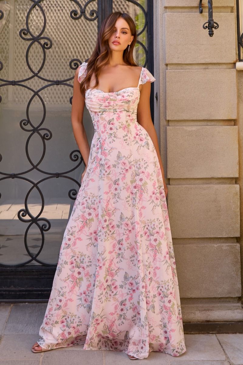 Pink Floral Primrose Gown - Chiffon A-Line Dress