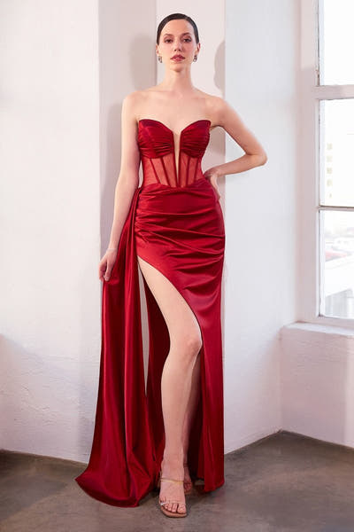 Jamie Gown – Satin Gown with Illusion Plunge Neckline