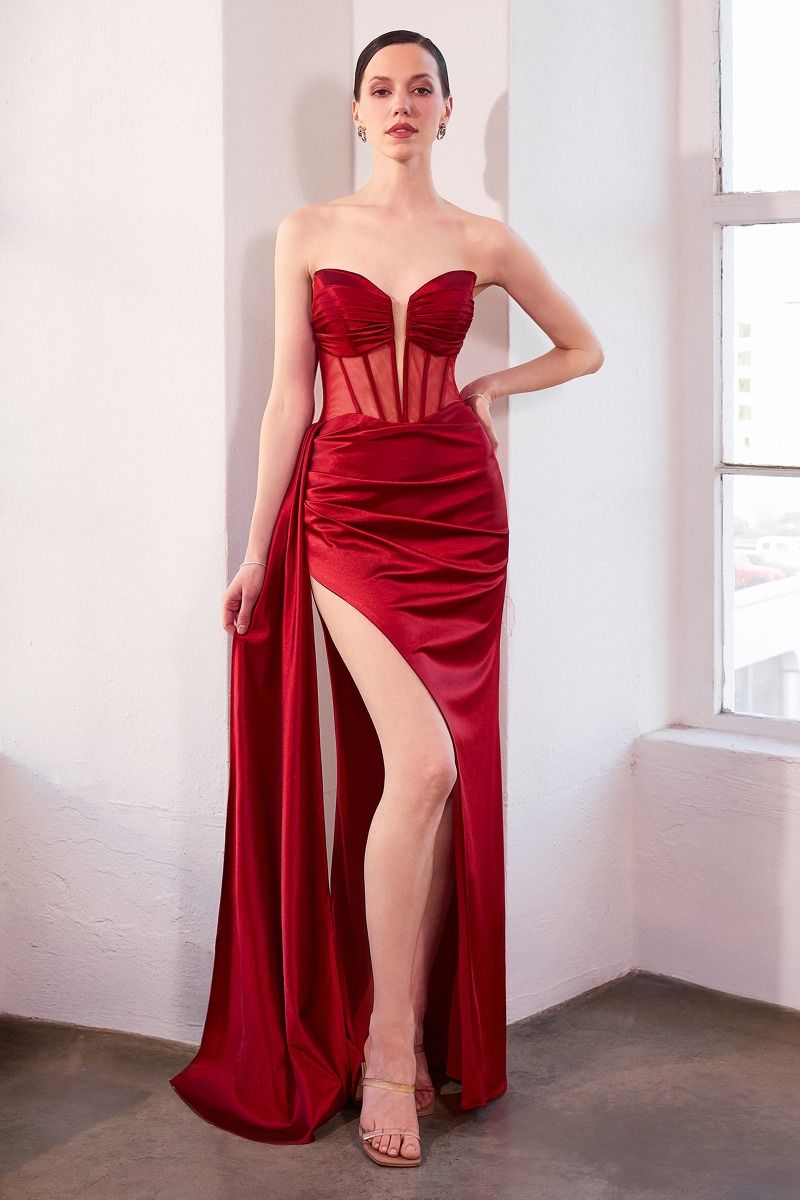 Lady Black Tie - Jamie Gown Satin Gown With Illusion Plunge Neckline - Size L Lady Black Tie - Jamie Gown Satin Gown With Illusion Plunge Neckline - Size L