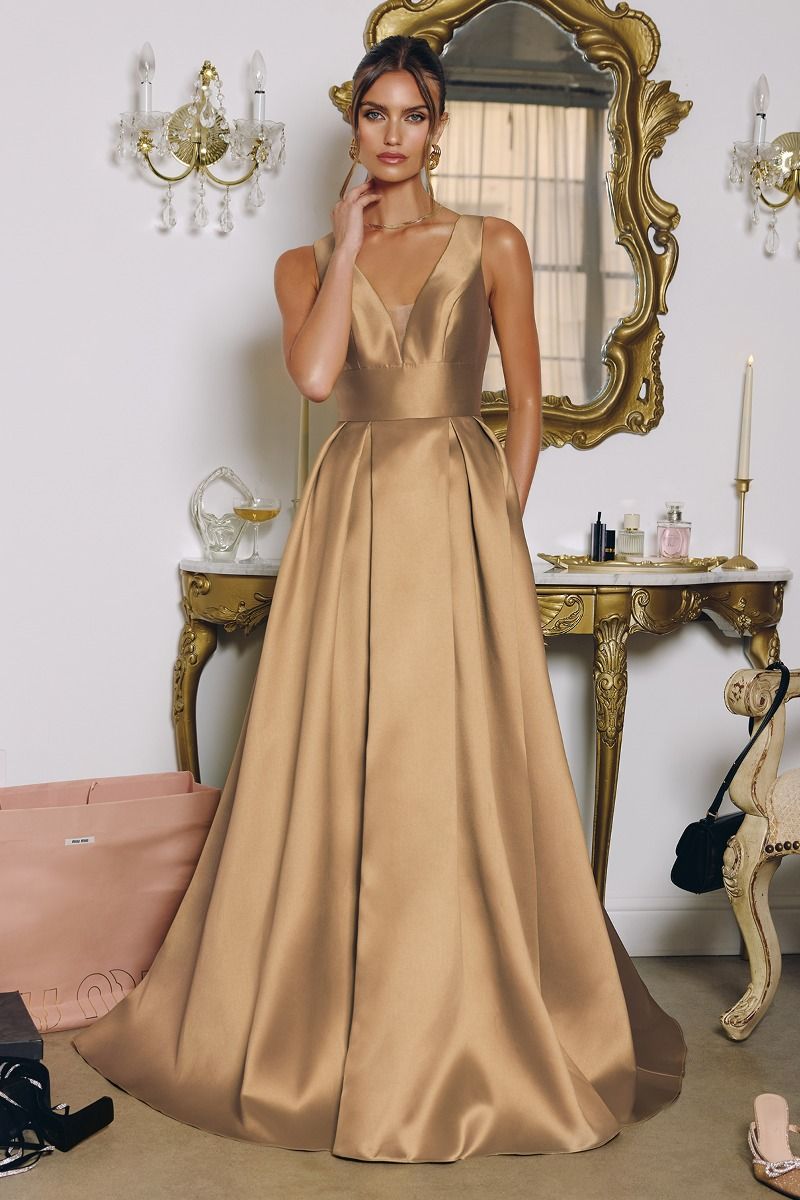 ANDERSYN GOWN - SATIN A-LINE DRESS WITH POCKETS