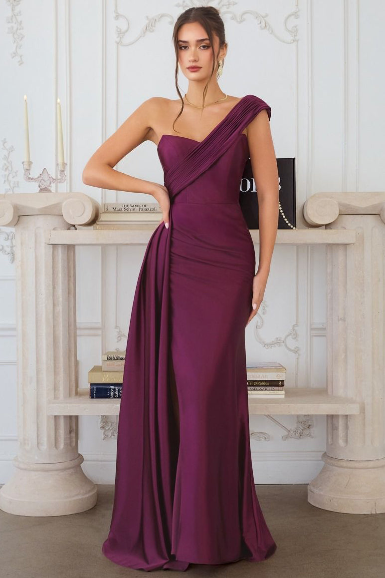 one shoulder silk dress Dylan Navy One-Shoulder Stretch Satin Side-Slit Gown Ready to Ship Its gathered side seam is expertly tailored to create a subtle texture Glam Soire Satin One Shoulder