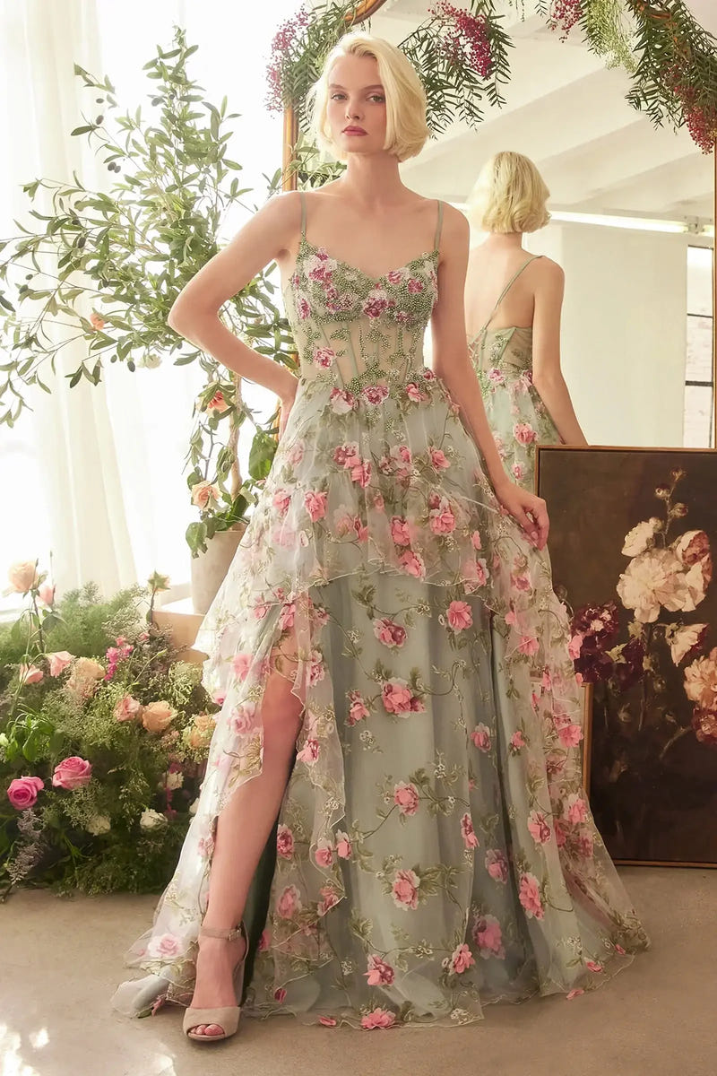 A1420 - SAGE FLORAL PRINT CORSET A-LINE DRESS - Andrea & Leo
