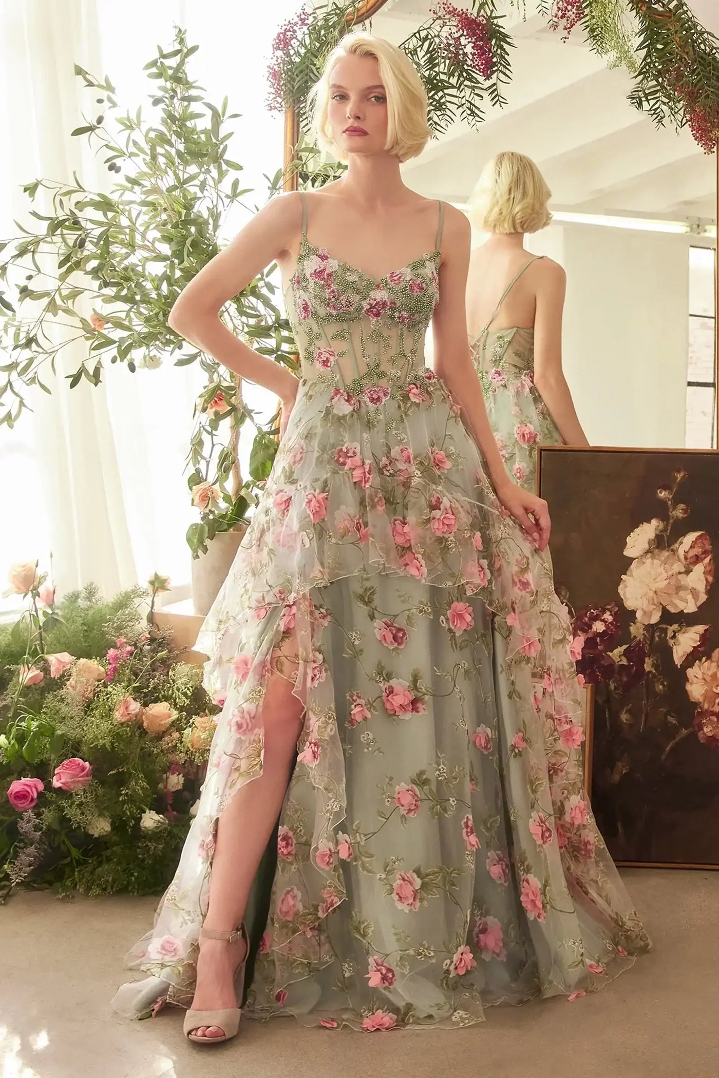 A1420 - SAGE FLORAL PRINT CORSET A-LINE DRESS - Andrea & Leo