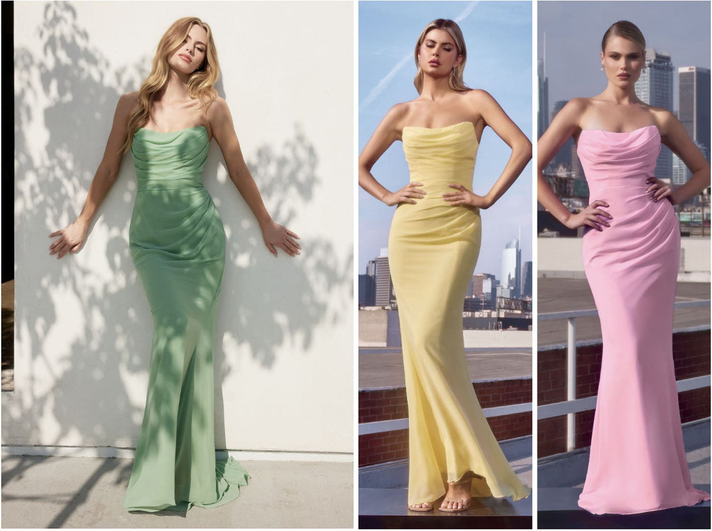 Three strapless floor-length mermaid-style dresses shown on models: sage green, pale yellow, and light pink, each photographed outdoors against a wall, rooftop railing, and city skyline.
