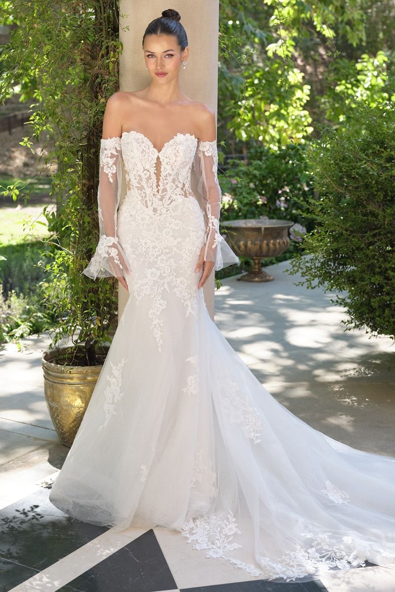 lace mermaid dress with sleeves Off-the-shoulder mermaid wedding dress with long sleeves