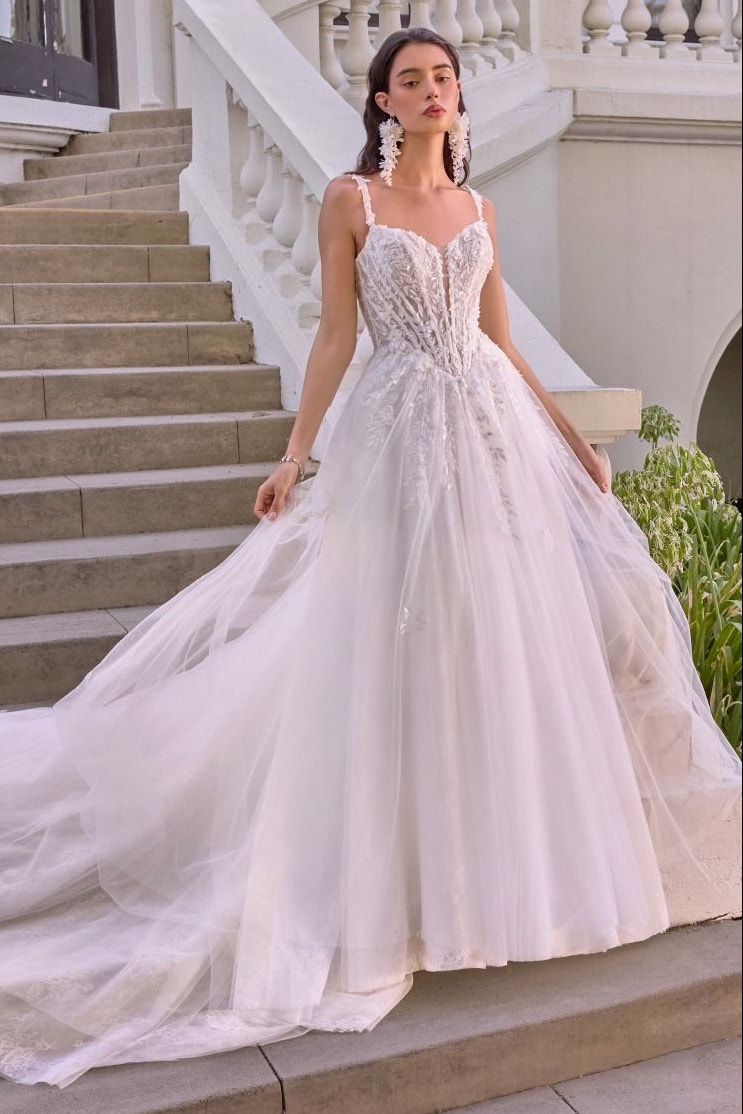 A woman wearing a white ball gown wedding dress with a sheer tulle skirt and beaded bodice, standing on outdoor stone stairs in front of a white building.