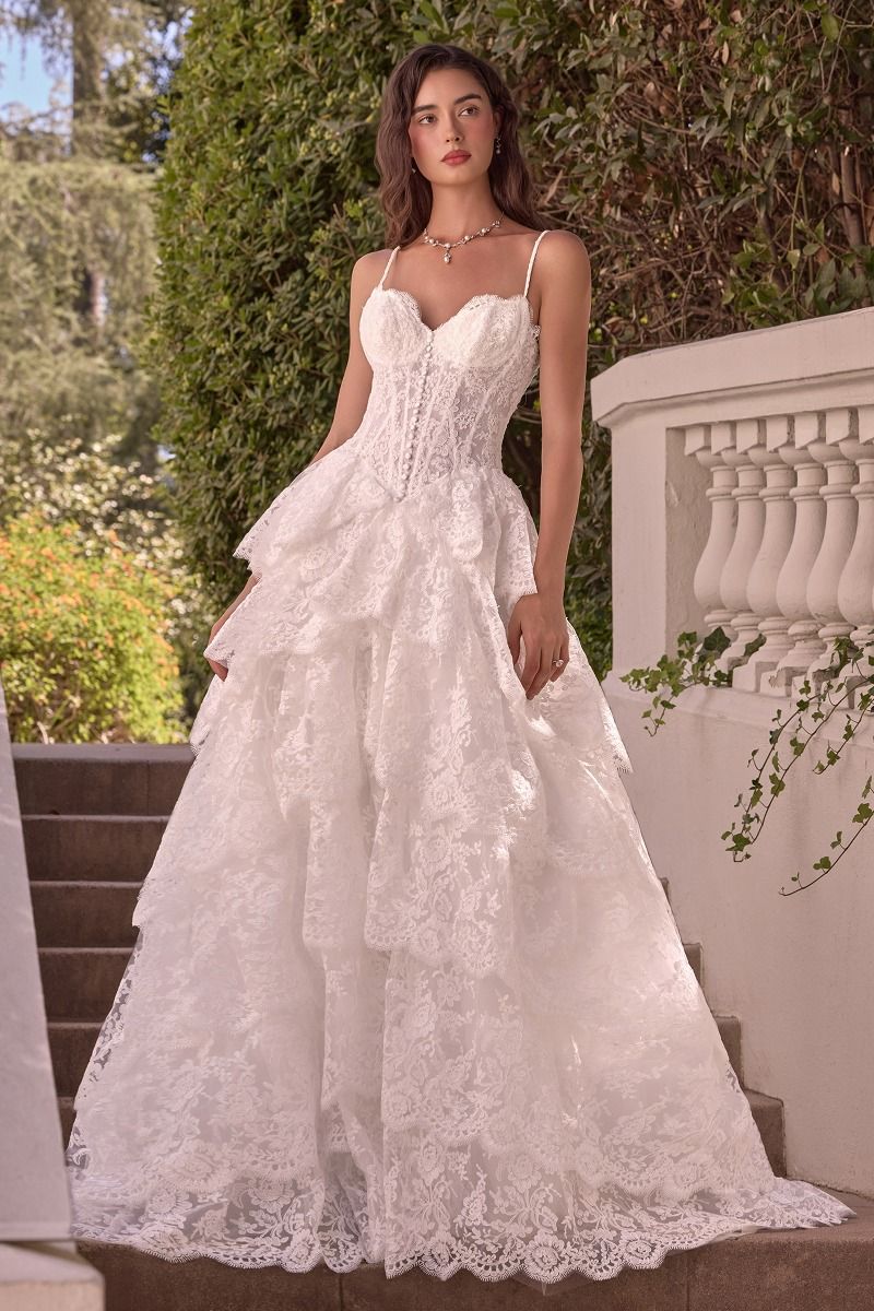 WL076 - LAYERED SCALLOP LACE A-LINE GOWN - Andrea & Leo | Lady Black Tie | A woman wearing a white lace ball gown wedding dress with thin straps, a fitted corset-style bodice, and a full layered skirt.