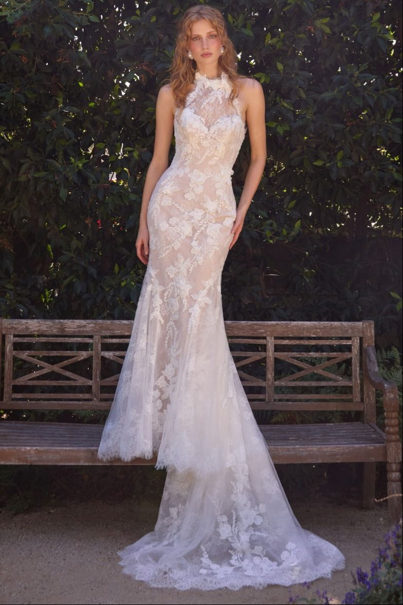 Andrea & Leo WL077 high illusion halter mermaid bridal gown in off white nude lace | Lady Black Tie