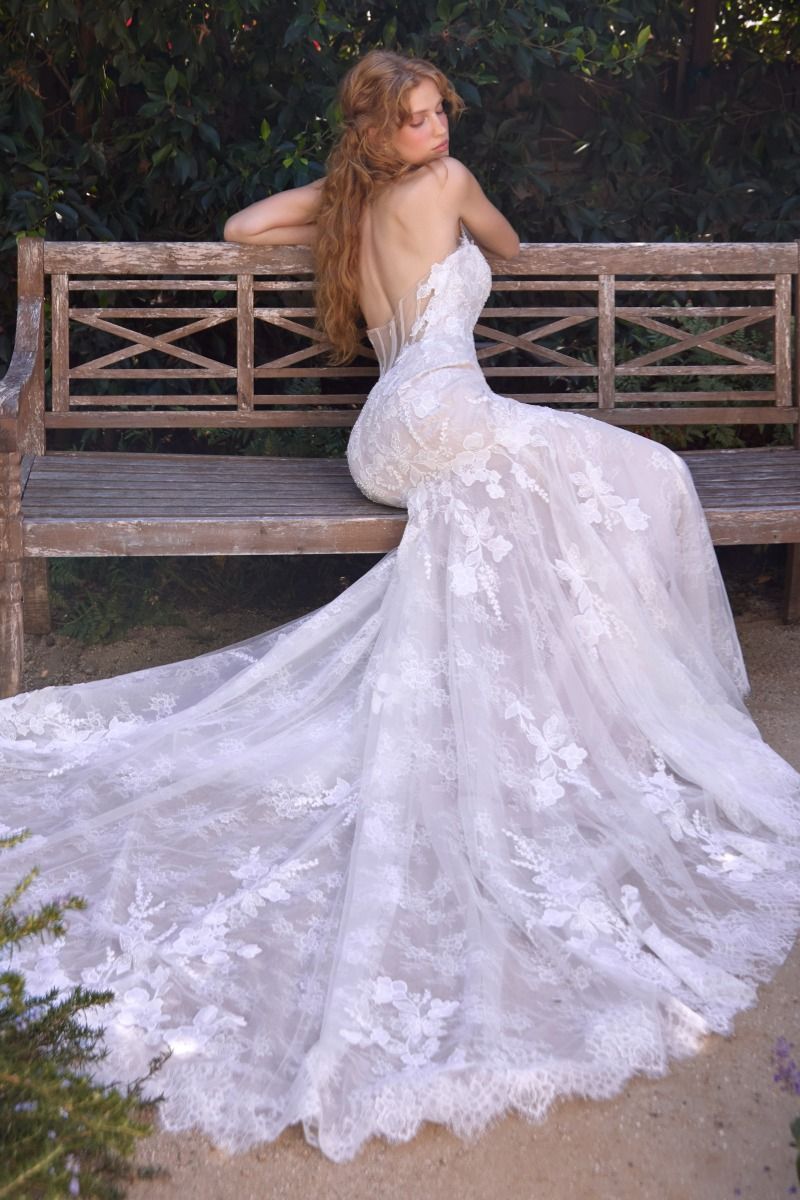 Andrea & Leo WL077 lace mermaid wedding dress with sheer floral appliqué bodice and open back | Lady Black Tie