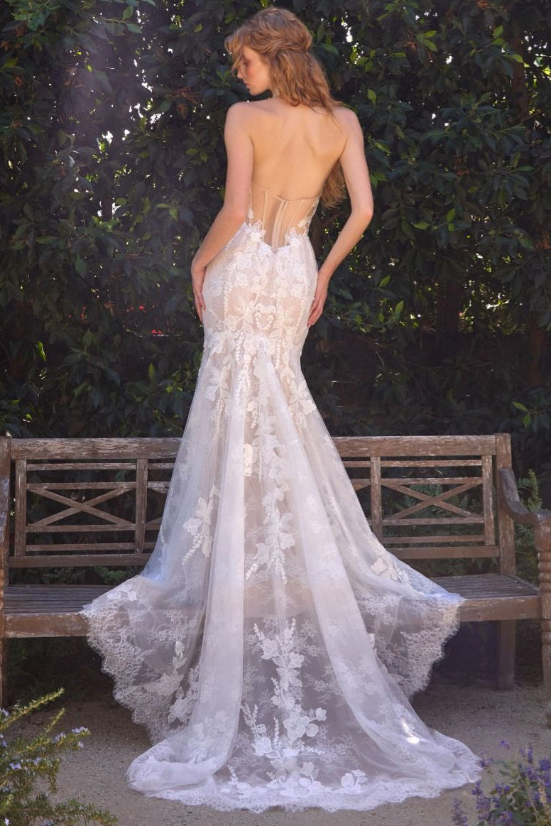 Andrea & Leo WL077 fitted lace mermaid wedding gown with sheer lace skirt and sweep train | Lady Black Tie