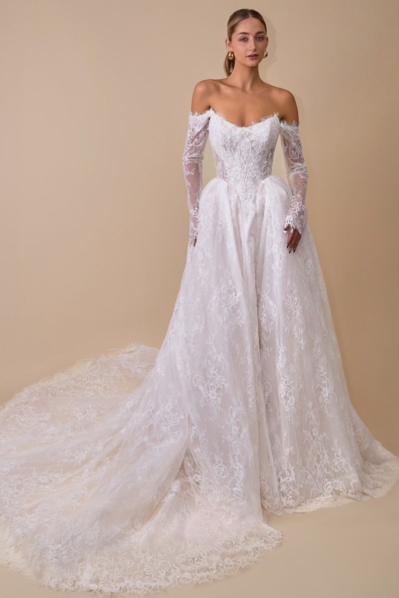 Andrea & Leo WL079 OFF WHITE Lace wedding ball gown with long sleeves, and Covered button back with concealed zipper