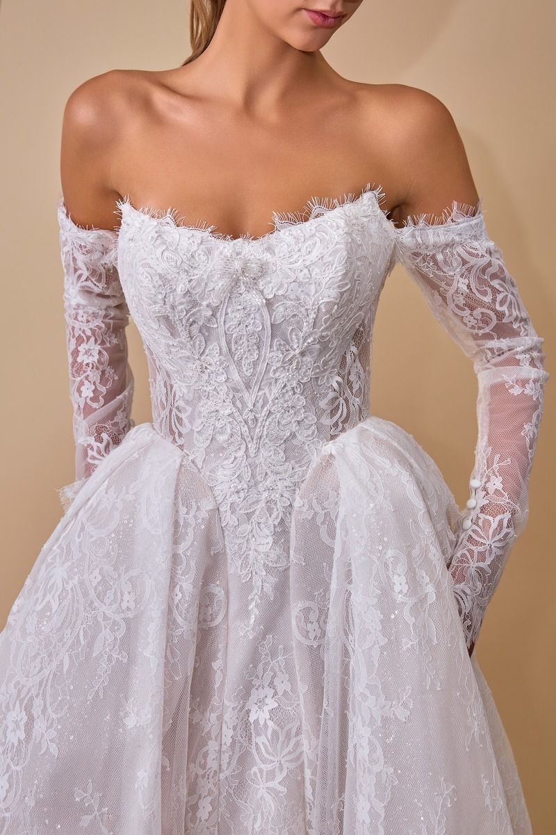 Andrea & Leo WL079 OFF WHITE Lace wedding ball gown with long sleeves, and Covered button back with concealed zipper