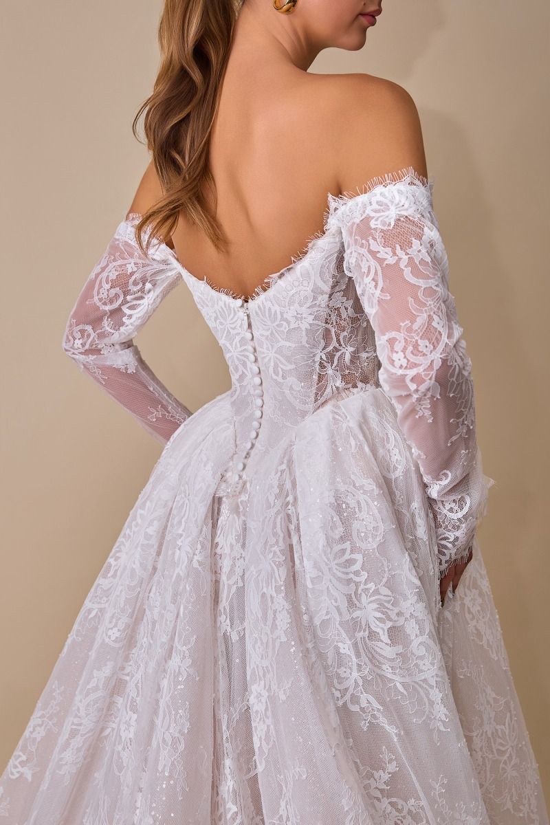 Andrea & Leo WL079 OFF WHITE Lace wedding ball gown with long sleeves, and Covered button back with concealed zipper
