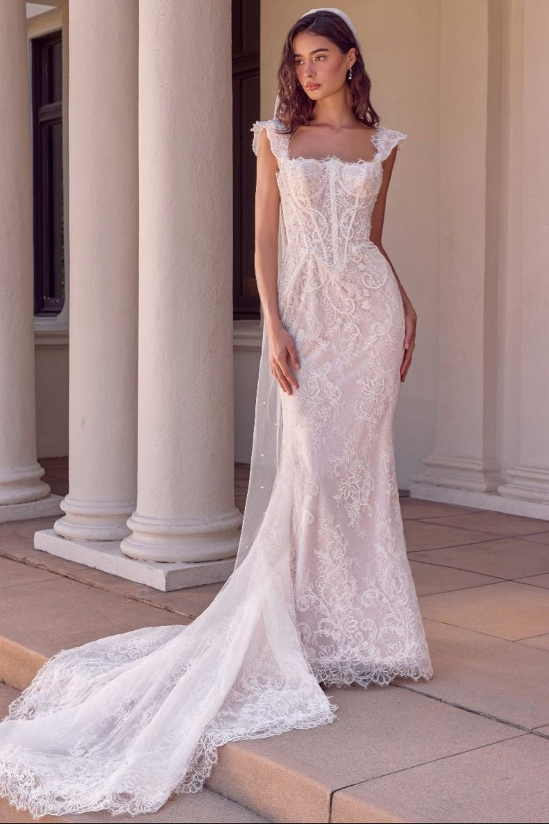 Andrea & Leo WL080 off white lace square neck mermaid wedding dress with removable straps | Lady Black Tie